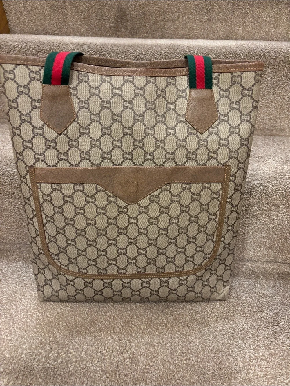 Gucci Beige GG plus  Tote with Green and Red Web Straps